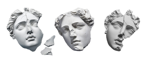 Broken ancient greek statue face isolated. Antique artifact, broken sculpture fragment