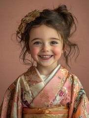 A joyful five-year-old europe girl dressed in a kimono with gold decorations at the waist and chest, smiling brightly in a front-facing portrait. 