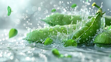 Fresh green peas splashing in water, highlighting freshness and vitality.