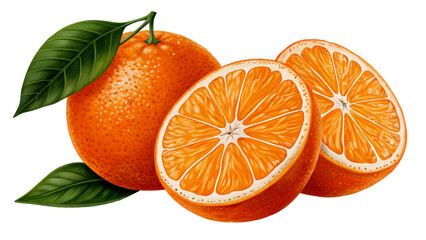 Fresh Orange Fruit Slice with Leaf, Isolated on White Background, High-Quality PNG Cut-Out, Juicy, Ripe, Healthy, Organic, Refreshing, Vitamin C, Tropical, Realistic Photography, Download