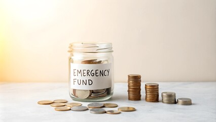Emergency fund jar with loose coins and bills on wooden table