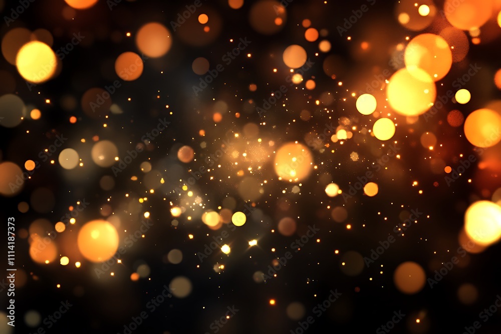 Poster abstract bokeh lights background with warm gold and orange glows on black.