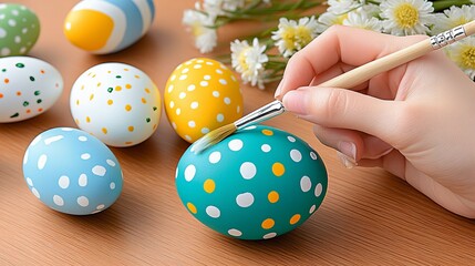 Hand painting colorful easter eggs with polka dot patterns