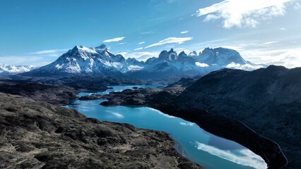 Grey Lake At Torres Del Paine In Magallanes Region Chile. Snowy Mountains. Lake Landscape....