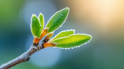 Fototapeta premium Close-up of dew-covered fresh green buds on a spring morning