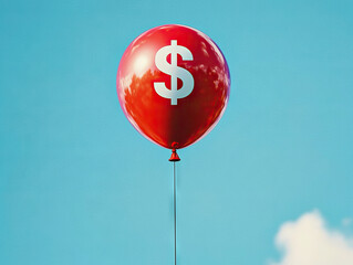 red balloon with dollar sign floats against clear blue sky, symbolizing inflation and economic growth