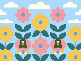 Retro Floral Design Featuring Two Women Amongst Flowers