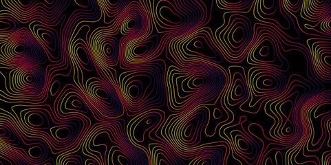 Multicolor wave and light trail background, Luxury gradient color topography wave lines isolated on black background, Beautiful Topo Wallpaper, Contour topographic map background vector illustration.