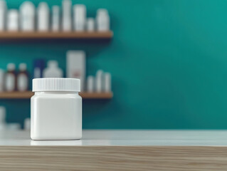 White medicine bottle on pharmacy countertop with blurred shelves in background