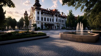 Obraz premium Majestic Palace at Sunset: A Serene Architectural Masterpiece