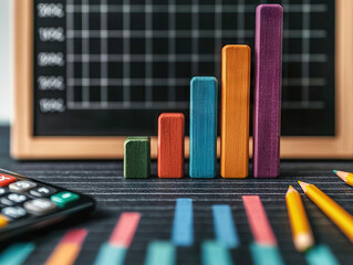 Colorful bar chart on chalkboard with calculator and pencils symbolizes budgeting tools