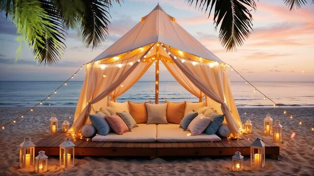 Romantic scene with sparkling lights, under the coconut trees on the edge of the orphanage at sunset, Smooth looping video with 4K animation 