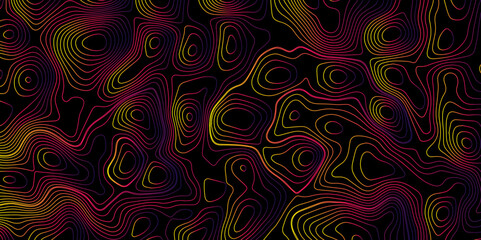 Multicolor wave and light trail background, Luxury gradient color topography wave lines isolated on black background, Beautiful Topo Wallpaper, Contour topographic map background vector illustration.