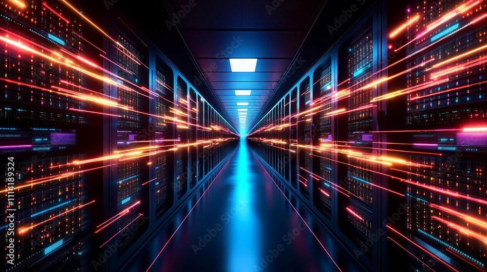 Poster data center corridor with dynamic light trails showcasing high-speed technology in action