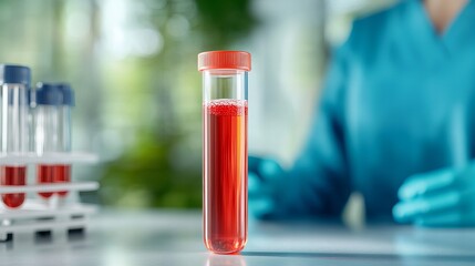 Test tube with red liquid in a laboratory environment with scientist in background
