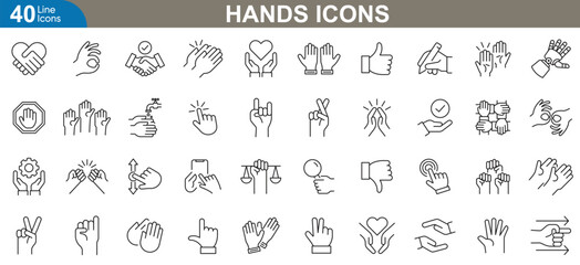 Stylized Hands line Icons Set. Gesture and sign collection. Handshake, click, fist, heart, thumbs up, victory sign and more. vector illustration.