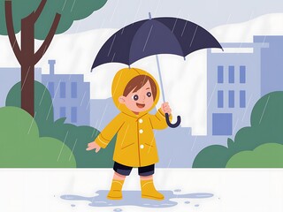 Happy Child Playing in Rain Wearing Yellow Raincoat