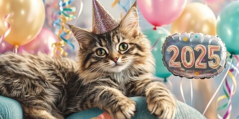 Year end fun with party vibe cat concept. Cute cat in a party hat celebrating with colorful balloons for 2025
