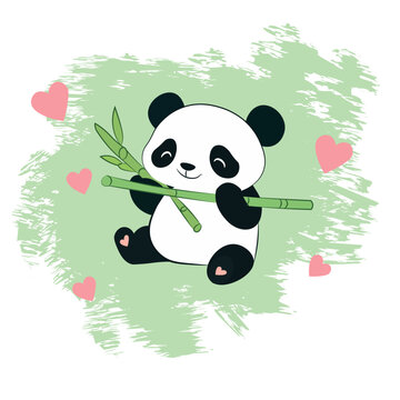 Cute Panda Eating Bamboo with Heart Elements Vector Art
