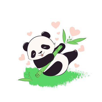 Cute Panda Eating Bamboo with Heart Elements Vector Art