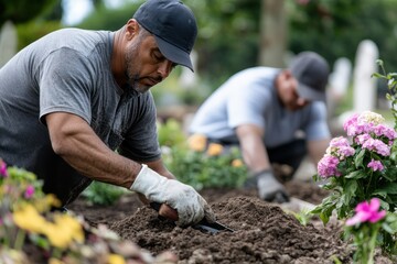 Two men diligently working at a cemetery garden, ensuring the area is well-maintained and honoring those who have passed away with care and attention.