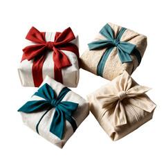 Set of 4 Furoshiki-Wrapped Gift Boxes with Natural Fibers and Simple Bows, Isolated on Transparent Background