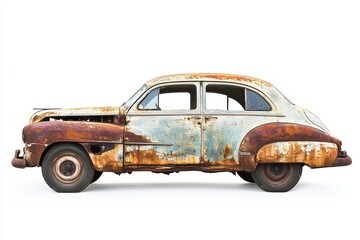 An old rusted car with faded paint and visible wear symbolizing age and nostalgia