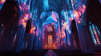 Obraz premium Discover the enchanting vibrancy of light projections showcased in a historic cathedral setting