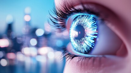 Cybernetic Eye Futuristic cityscape with holographic projections emanating from a cybernetic eye, representing advanced surveillance, data analysis, and smart city technology.
