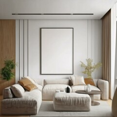 Cozy living room interior mockup with a stylish ISO A paper size frame, showcasing beautiful wall art and modern design elements.