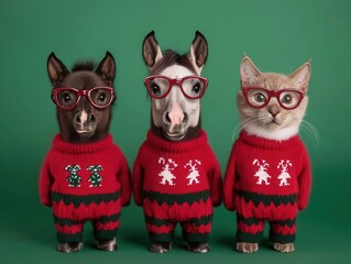 Fototapeta premium Three adorable pets-two dressed horses and a cat-wear festive red sweaters and glasses against a vibrant green background.