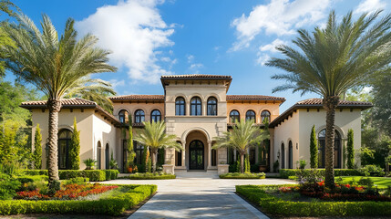 Exterior architectural photography of a grand Italian renaissance villa, full front view of the entire structure, symmetrical facade with arched windows, mediterranean garden setting, professional rea