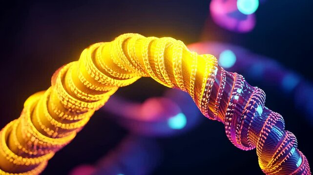 A bioluminescent chain, glowing in neon blue, purple, green, and orange colors on a black background.