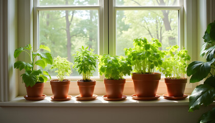 Fresh Culinary Herbs in Natural Light on Modern Windowsill