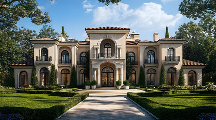 Fototapeta premium Exterior architectural photography of a grand Italian renaissance villa, full front view of the entire structure, symmetrical facade with arched windows, mediterranean garden setting, professional rea