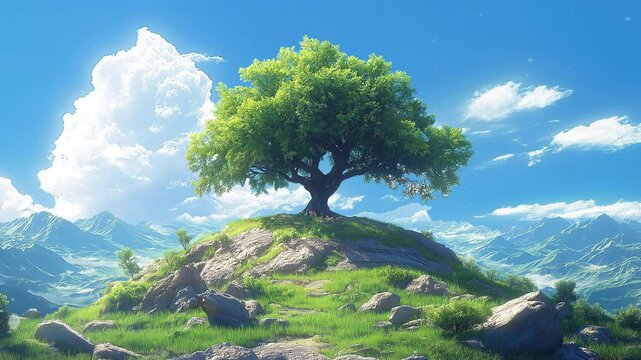 A tree in anime style stands on a rocky outcrop, with clouds filling the background. Loop animation	