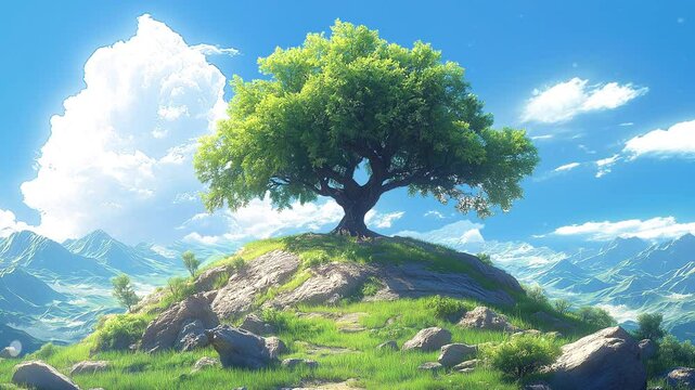 A tree in anime style stands on a rocky outcrop, with clouds filling the background.	