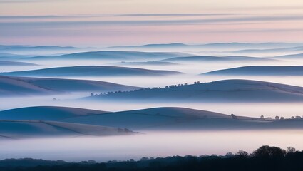 Fototapeta premium Panoramic view of misty rolling hills at dawn/dusk, featuring layered terrain in soft gradients of blue, purple, and pink under a pastel sky, evoking serenity.