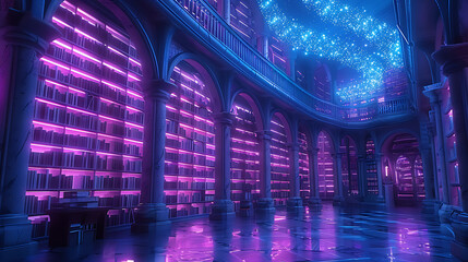 Enchanted Ancient Library Filled with Magical Glowing Books and Mystical Atmosphere, Perfect for Fantasy and Adventure Themes