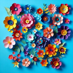 Flatlay photograph of a collection of colorful paper flowers arranged on a blue background.