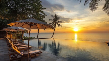 Fototapeta premium Serene Sunrise Panorama of Tranquil Thai Island on Calm Seas