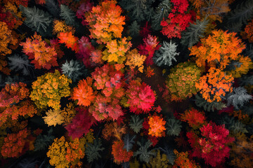 A top-down view of a vibrant autumn forest, with the canopy of trees displaying a rich mosaic of red, orange, and yellow leaves.