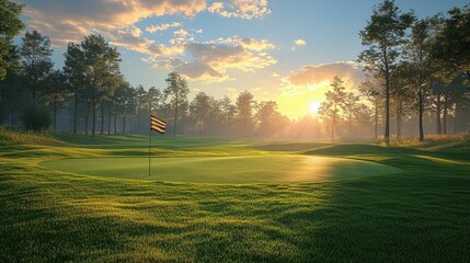 Obraz premium Stunning Sunrise Over Serene Golf Course with Flag and Trees