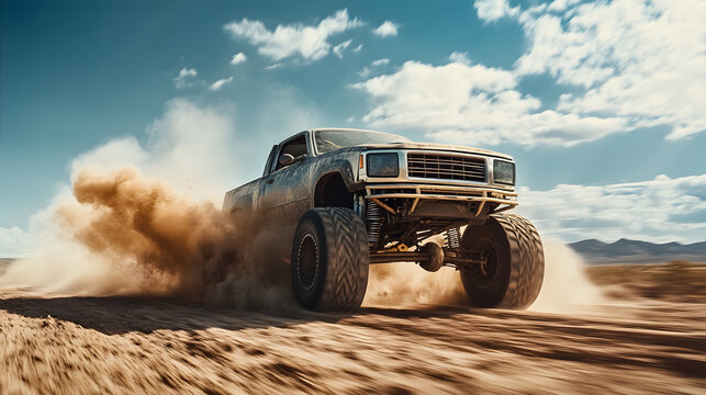 Massive lifted truck conquering off road terrain with vehicle power, extreme performance showing big suspension setup and monster wheels.