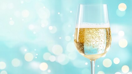 Champagne Glass on Abstract Blue Background with Bokeh Lights &ndash; Elegant Web Banner With Copy Space
