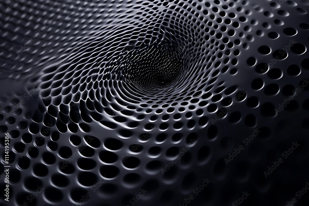 Poster abstract dark metallic surface with holes forming a vortex.