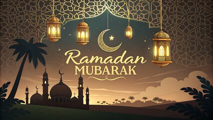 "Ramadan Mubarak" design on Islamic background with gold ornament star, moon, mosque, lanterns and islamic elements. Suitable for raya and ramadan template concept.