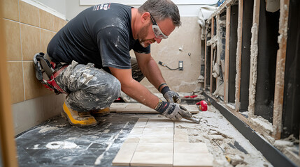 Professional handyman installing tile during bathroom renovation with skilled improvement work and repair expertise. ceramic worker creating home construction.