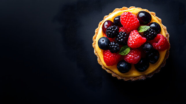 Rich cheesecake topped with fresh berry, sweet dessert fruit creation with delicious tasty sugar coating viewed from above with tart from top view with copy space.