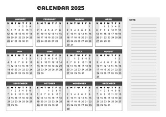 Calendar for the year 2025, dynamic and practical to view with spaces for notes, new general calendar great for workstations and ideal for sizes A3, A4 and A5